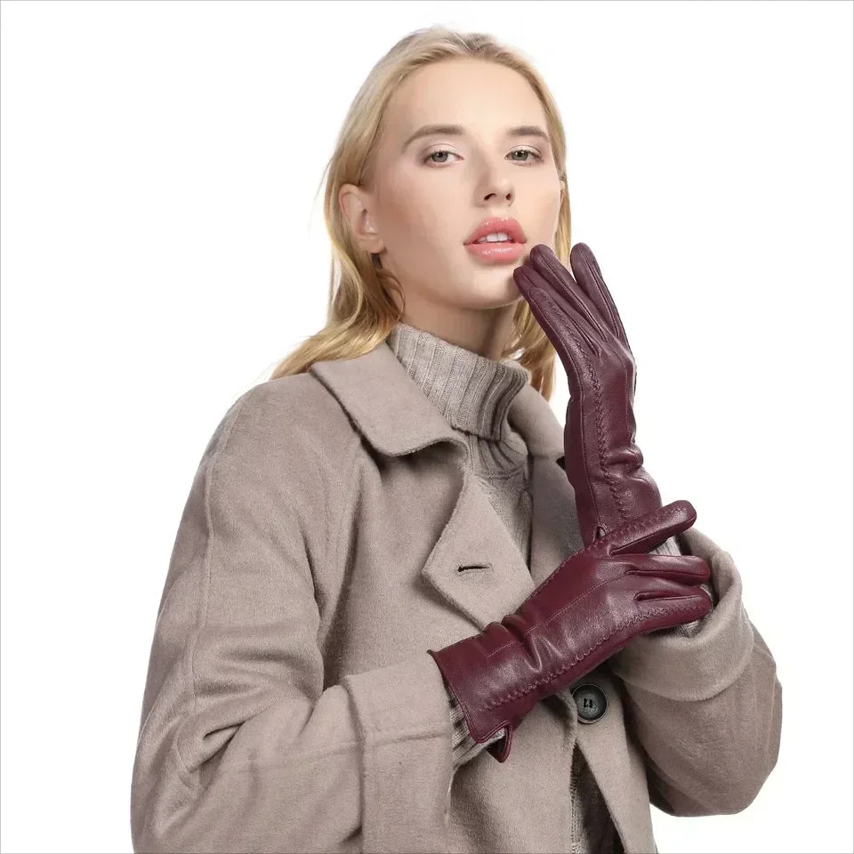 Women's Sheepskin Good Quality Gloves Winter Warm Plus Velvet Short Thin Touch Screen Driving Color Women's Leather Gloves