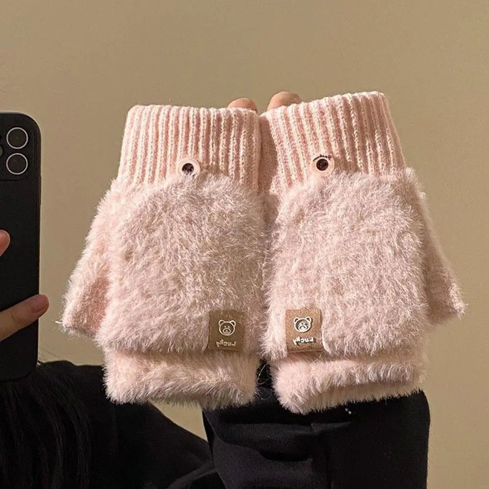 Women Winter Warm Fingerless Gloves Thick Plush Fluffy Flip Top Gloves Unisex Touch Screen Coldproof Windproof Knitted Mittens