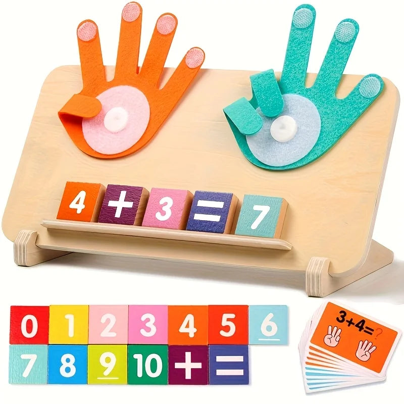 Wooden arithmetic learning board for children over 3 years old - educational toy with number blocks and math operation cards, in