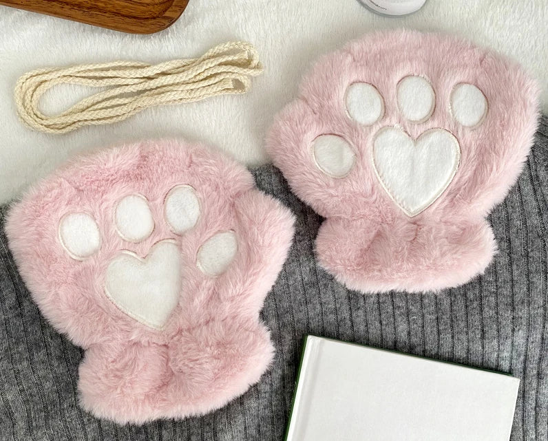 Autumn Winter Women Plush Mittens Warm Soft Plush Short Fingerless Fluffy Bear Cat Gloves Costume Half Finger Girls Gifts