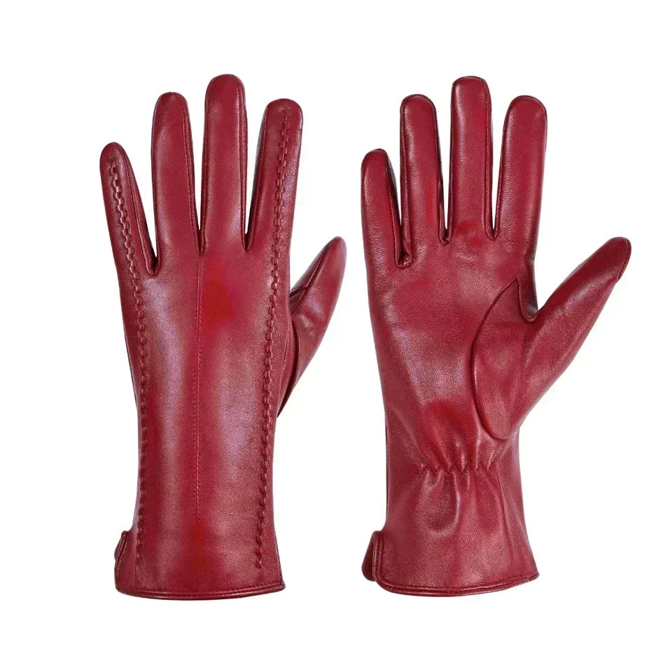 Women's Sheepskin Good Quality Gloves Winter Warm Plus Velvet Short Thin Touch Screen Driving Color Women's Leather Gloves