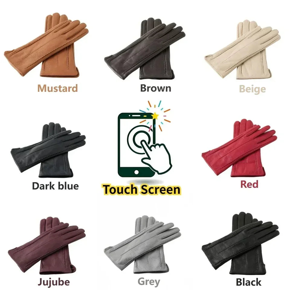 Women's Sheepskin Good Quality Gloves Winter Warm Plus Velvet Short Thin Touch Screen Driving Color Women's Leather Gloves