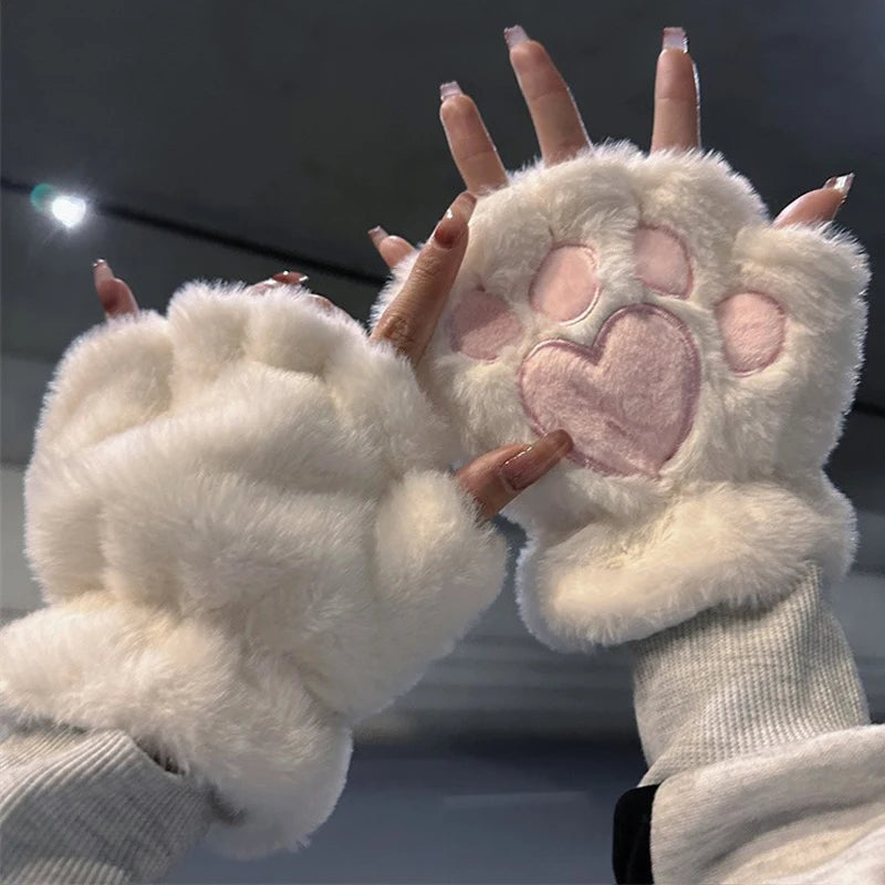 Autumn Winter Women Plush Mittens Warm Soft Plush Short Fingerless Fluffy Bear Cat Gloves Costume Half Finger Girls Gifts