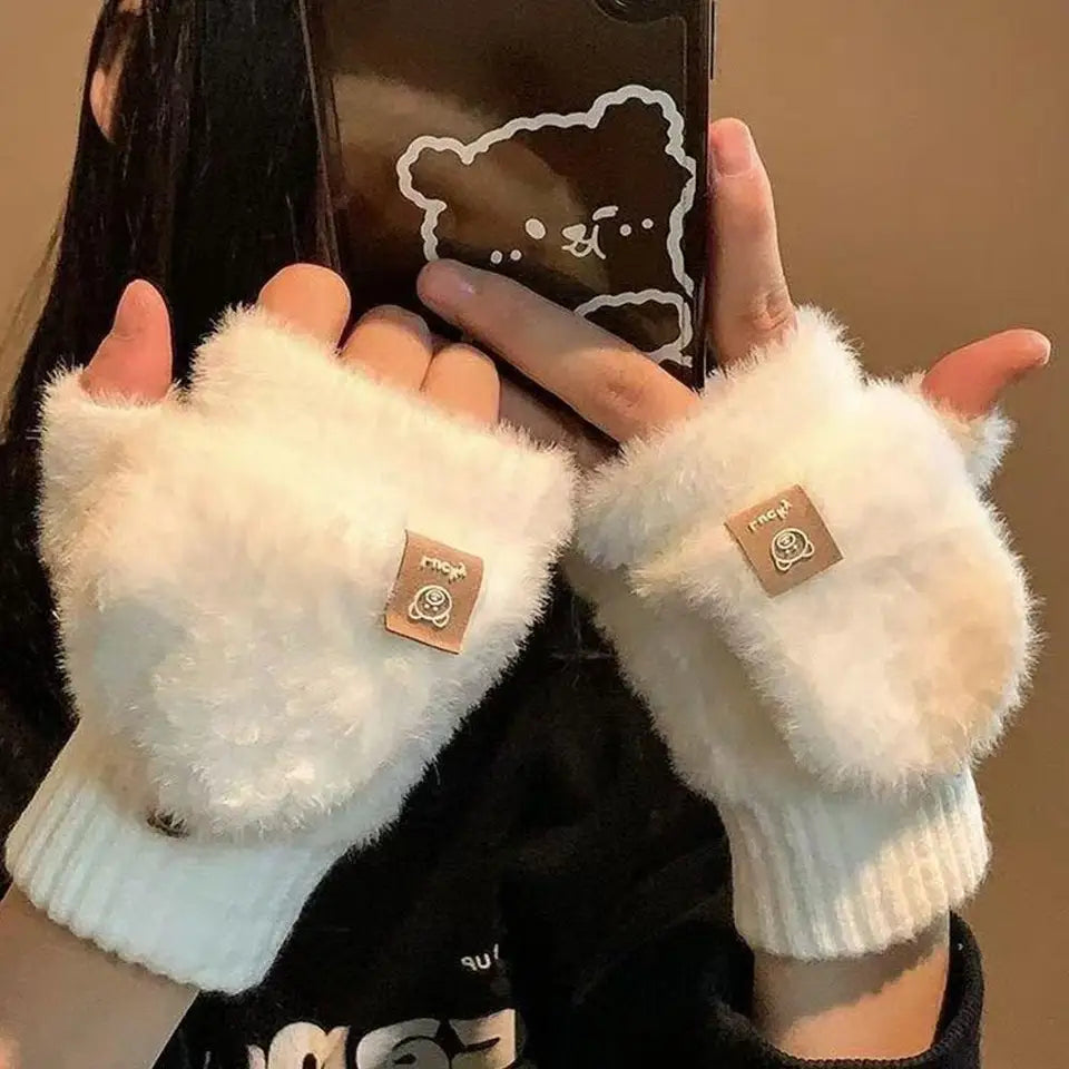 Women Winter Warm Fingerless Gloves Thick Plush Fluffy Flip Top Gloves Unisex Touch Screen Coldproof Windproof Knitted Mittens
