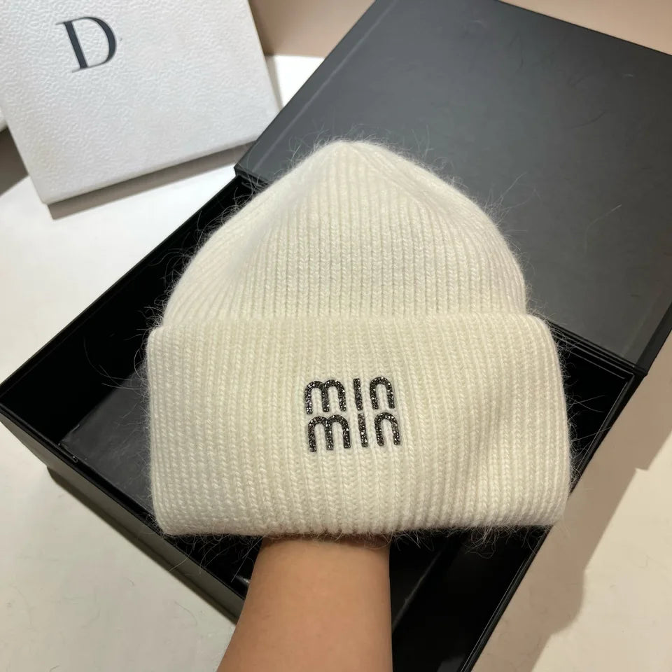 Luxury Rhinestones Fashion Women Winter Hats Real Rabbit Fur Wool Skullies Beanies Knitted Hat Lady Warm Walking Bonnet Cap  Pr