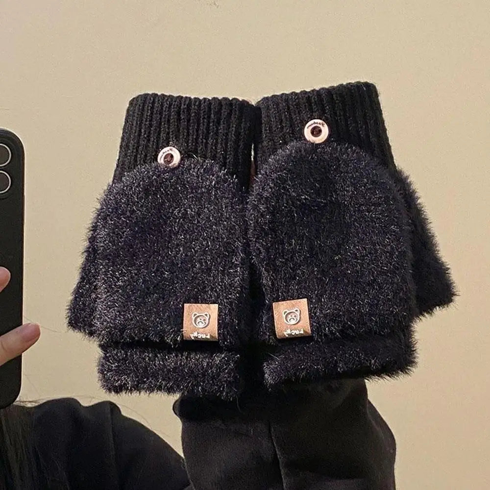Women Winter Warm Fingerless Gloves Thick Plush Fluffy Flip Top Gloves Unisex Touch Screen Coldproof Windproof Knitted Mittens