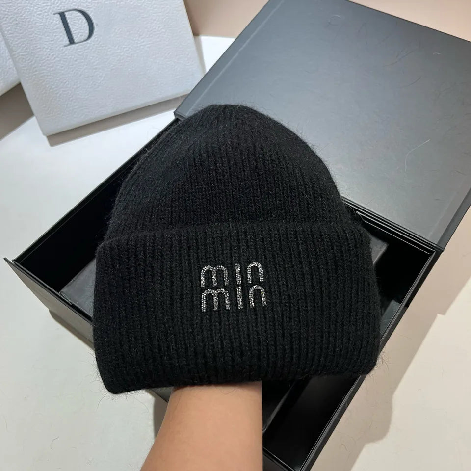 Luxury Rhinestones Fashion Women Winter Hats Real Rabbit Fur Wool Skullies Beanies Knitted Hat Lady Warm Walking Bonnet Cap  Pr