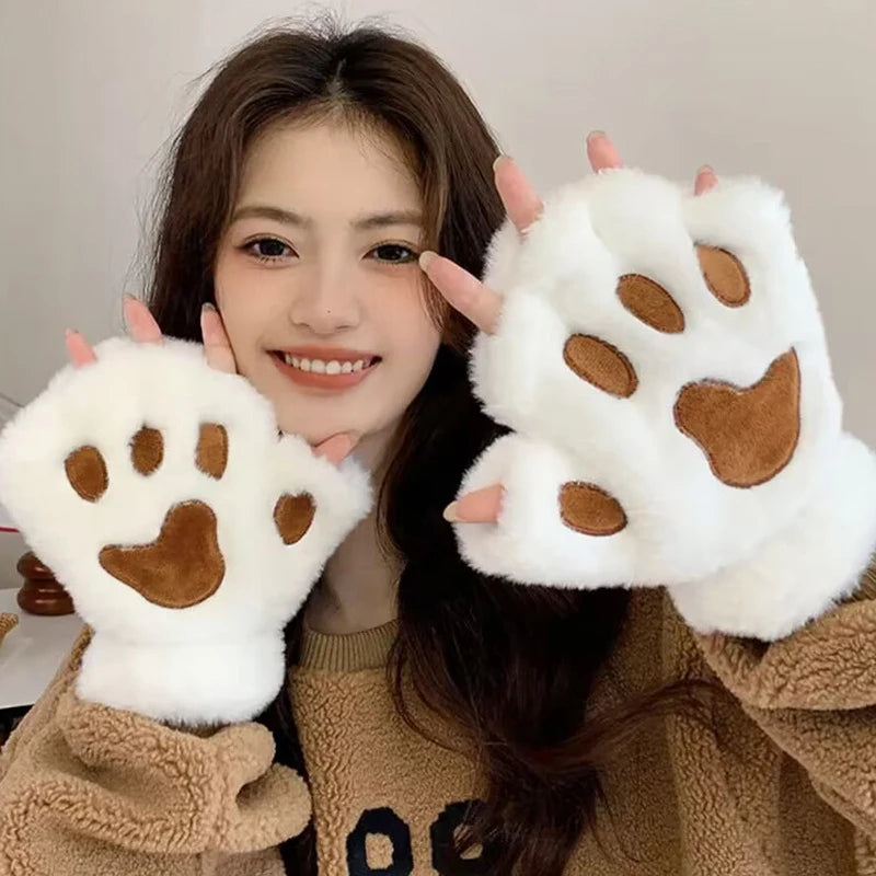 Autumn Winter Women Plush Mittens Warm Soft Plush Short Fingerless Fluffy Bear Cat Gloves Costume Half Finger Girls Gifts