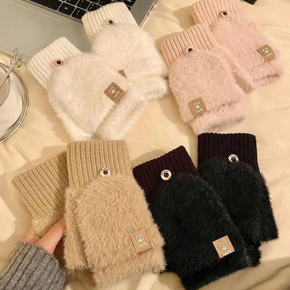 Women Winter Warm Fingerless Gloves Thick Plush Fluffy Flip Top Gloves Unisex Touch Screen Coldproof Windproof Knitted Mittens