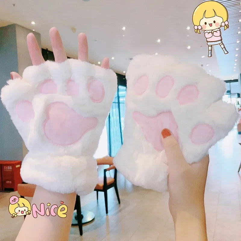 Autumn Winter Women Plush Mittens Warm Soft Plush Short Fingerless Fluffy Bear Cat Gloves Costume Half Finger Girls Gifts
