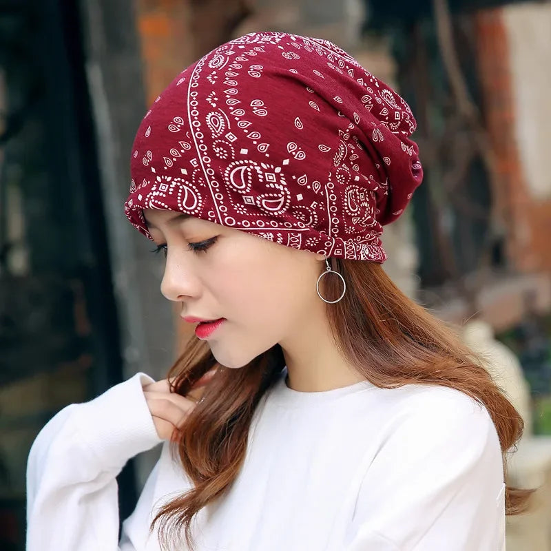 4pcs Hip Hop Paisley Print Slouchy Beanie Trendy Elastic Skull Cap Boho Neck Gaiter Soft Beanies Chemo Cap for Women