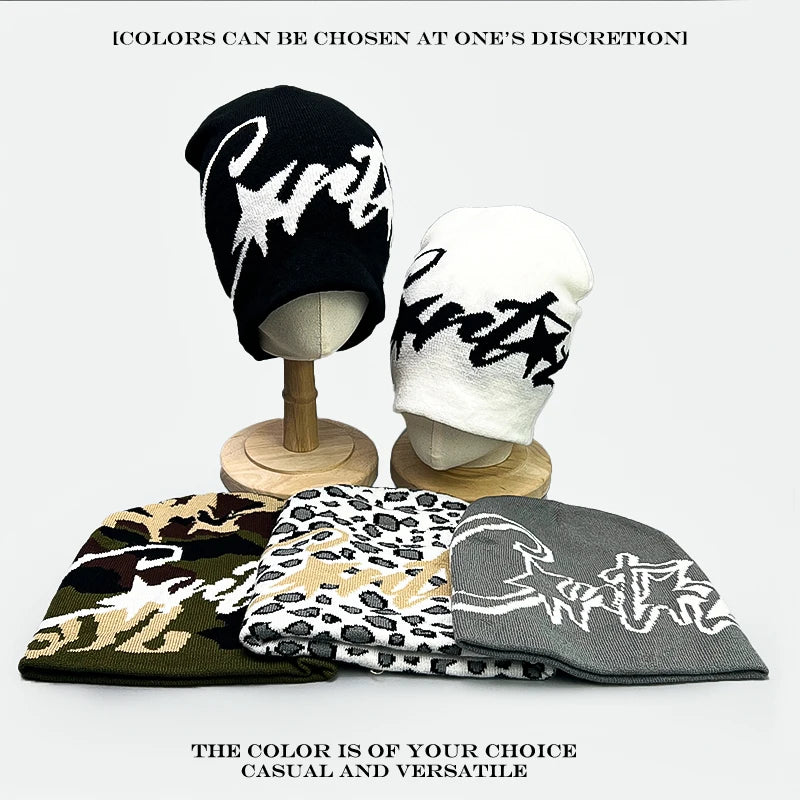 American Street Leopard Print Jacquard Letters Star Knitted Hats Warm Camo Men Women Fashion Personal Versatile Beanies Hip-hop