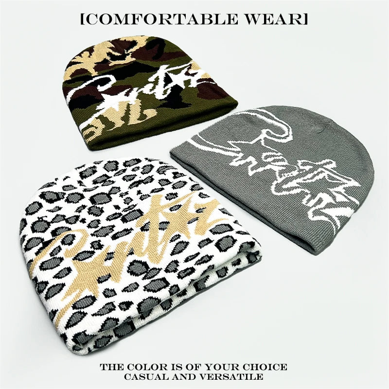 American Street Leopard Print Jacquard Letters Star Knitted Hats Warm Camo Men Women Fashion Personal Versatile Beanies Hip-hop