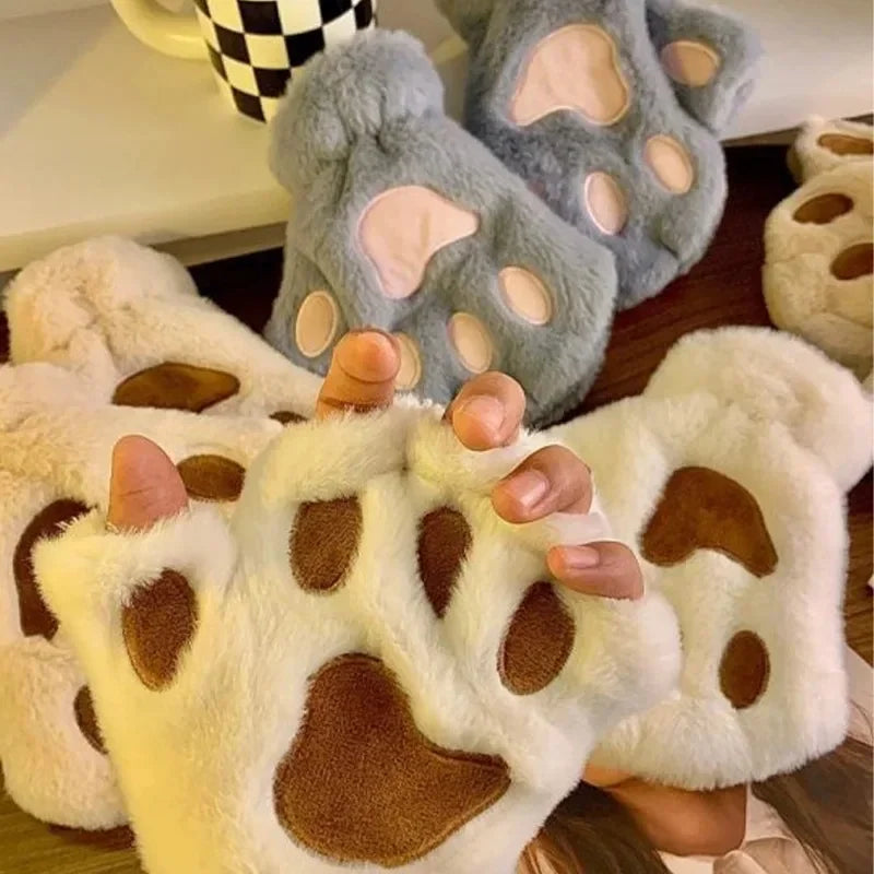 Autumn Winter Women Plush Mittens Warm Soft Plush Short Fingerless Fluffy Bear Cat Gloves Costume Half Finger Girls Gifts