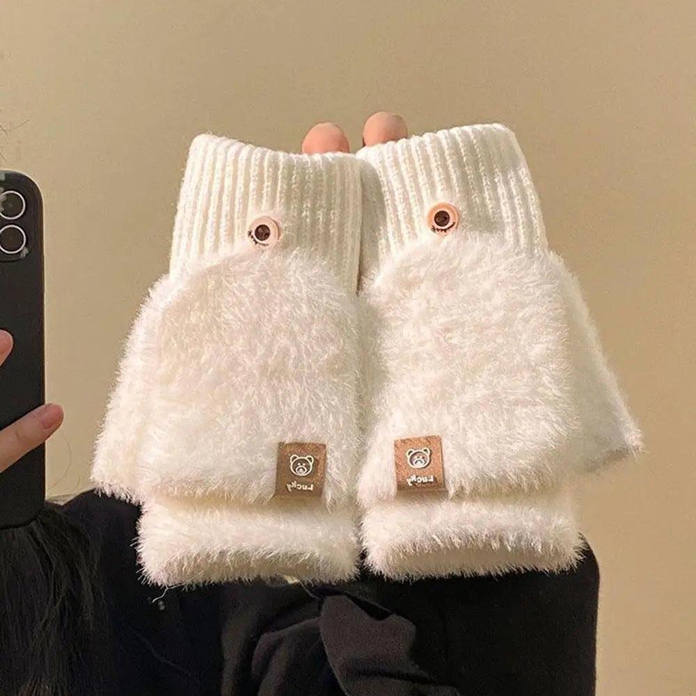 Women Winter Warm Fingerless Gloves Thick Plush Fluffy Flip Top Gloves Unisex Touch Screen Coldproof Windproof Knitted Mittens