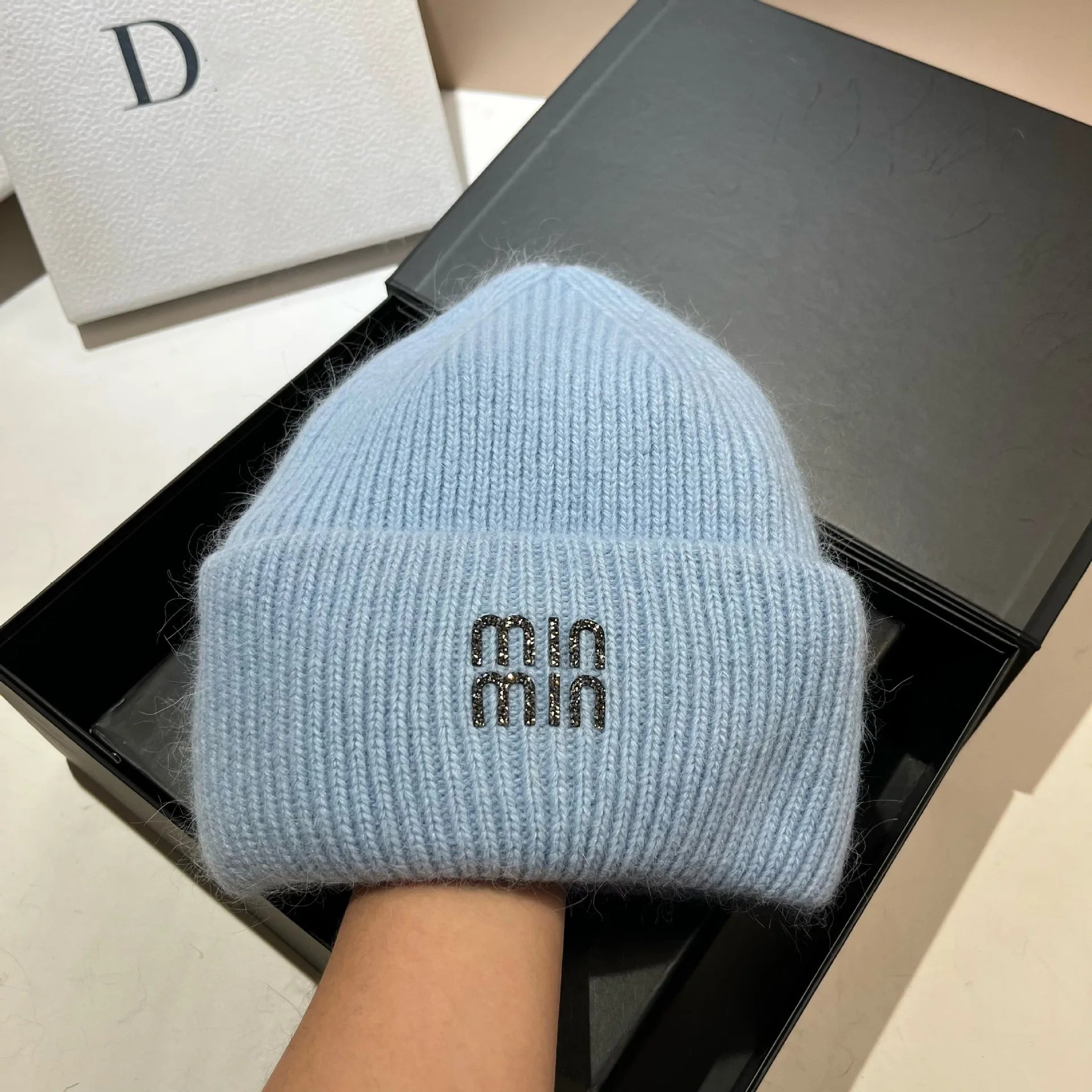 Luxury Rhinestones Fashion Women Winter Hats Real Rabbit Fur Wool Skullies Beanies Knitted Hat Lady Warm Walking Bonnet Cap  Pr