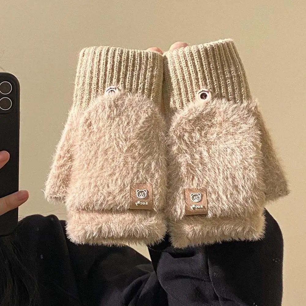 Women Winter Warm Fingerless Gloves Thick Plush Fluffy Flip Top Gloves Unisex Touch Screen Coldproof Windproof Knitted Mittens