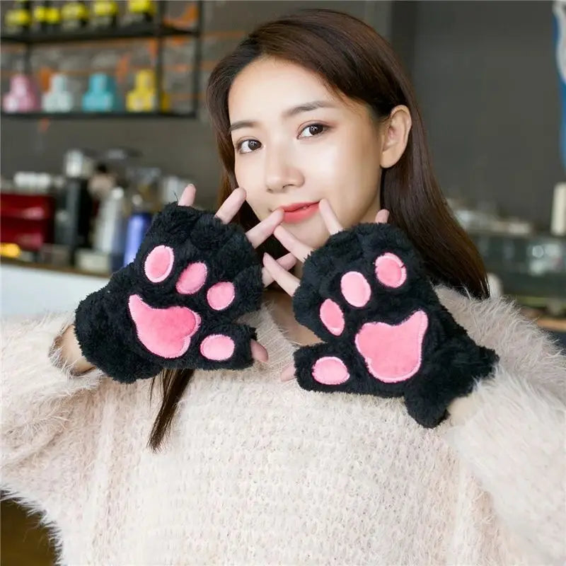 Autumn Winter Women Plush Mittens Warm Soft Plush Short Fingerless Fluffy Bear Cat Gloves Costume Half Finger Girls Gifts