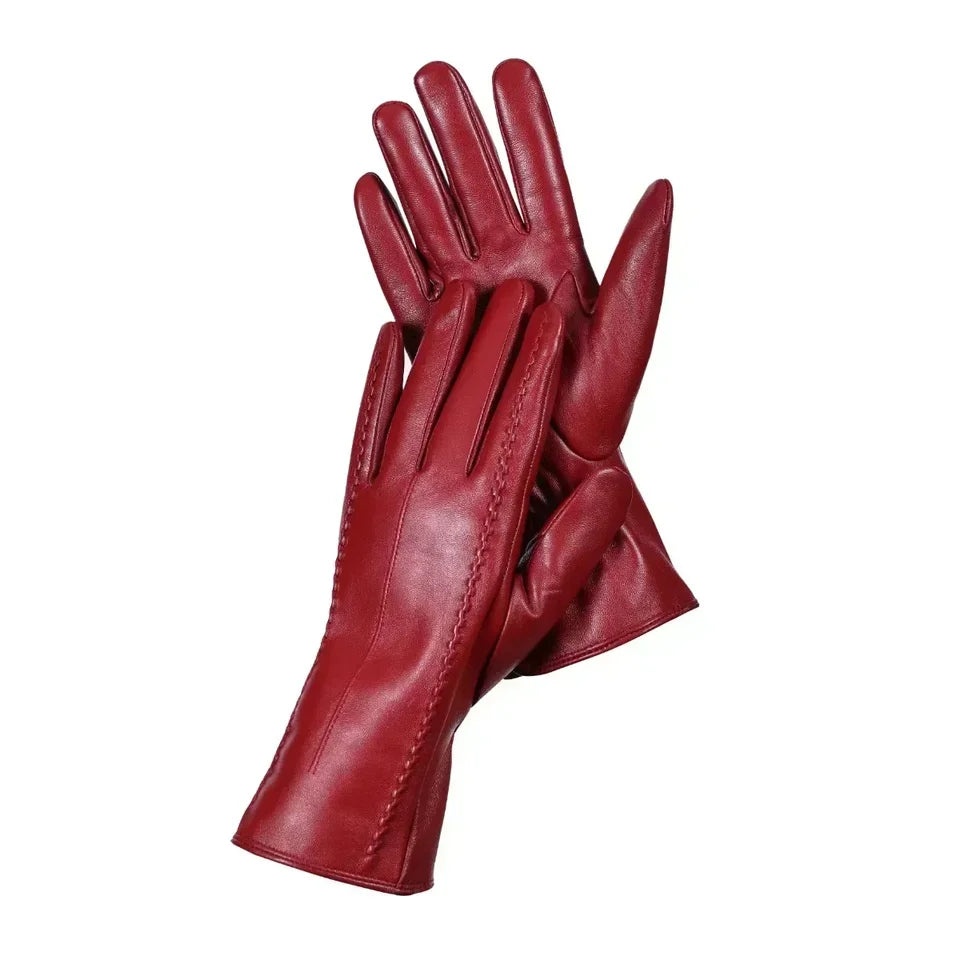 Women's Sheepskin Good Quality Gloves Winter Warm Plus Velvet Short Thin Touch Screen Driving Color Women's Leather Gloves