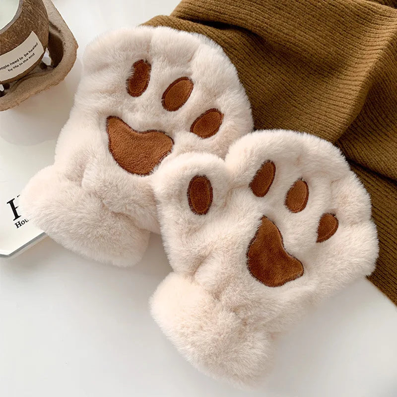 Autumn Winter Women Plush Mittens Warm Soft Plush Short Fingerless Fluffy Bear Cat Gloves Costume Half Finger Girls Gifts