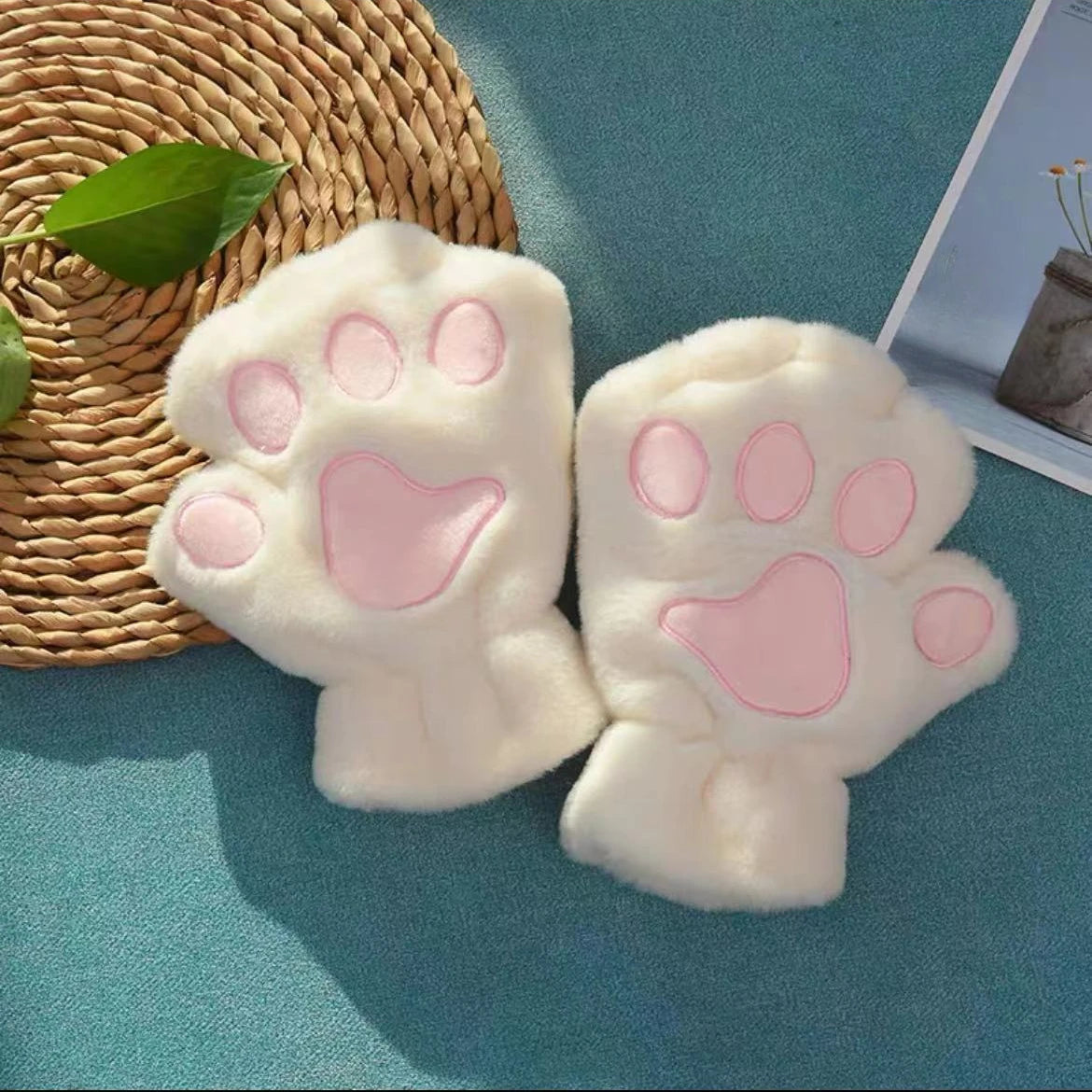 Autumn Winter Women Plush Mittens Warm Soft Plush Short Fingerless Fluffy Bear Cat Gloves Costume Half Finger Girls Gifts