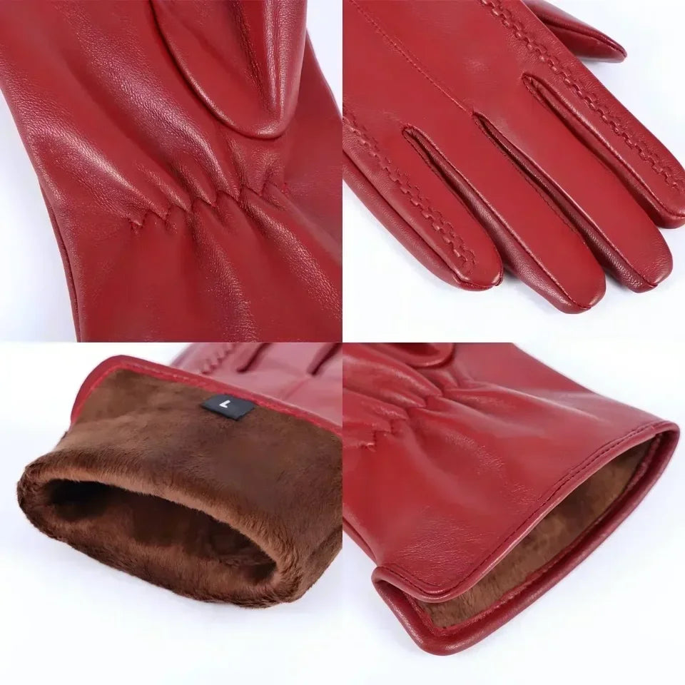 Women's Sheepskin Good Quality Gloves Winter Warm Plus Velvet Short Thin Touch Screen Driving Color Women's Leather Gloves