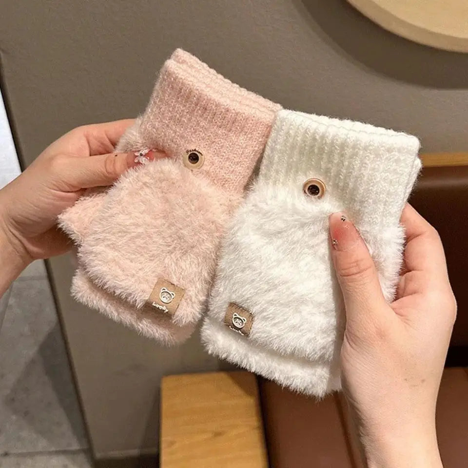 Women Winter Warm Fingerless Gloves Thick Plush Fluffy Flip Top Gloves Unisex Touch Screen Coldproof Windproof Knitted Mittens