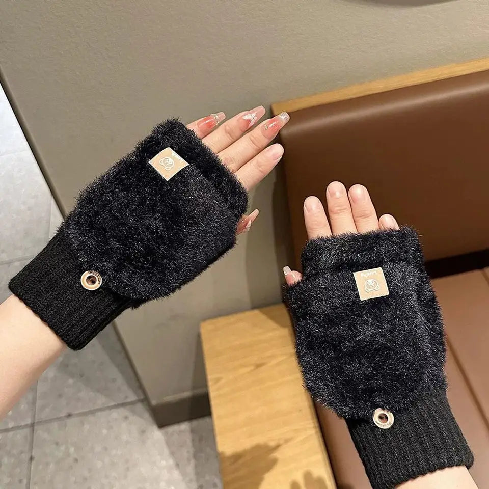 Women Winter Warm Fingerless Gloves Thick Plush Fluffy Flip Top Gloves Unisex Touch Screen Coldproof Windproof Knitted Mittens