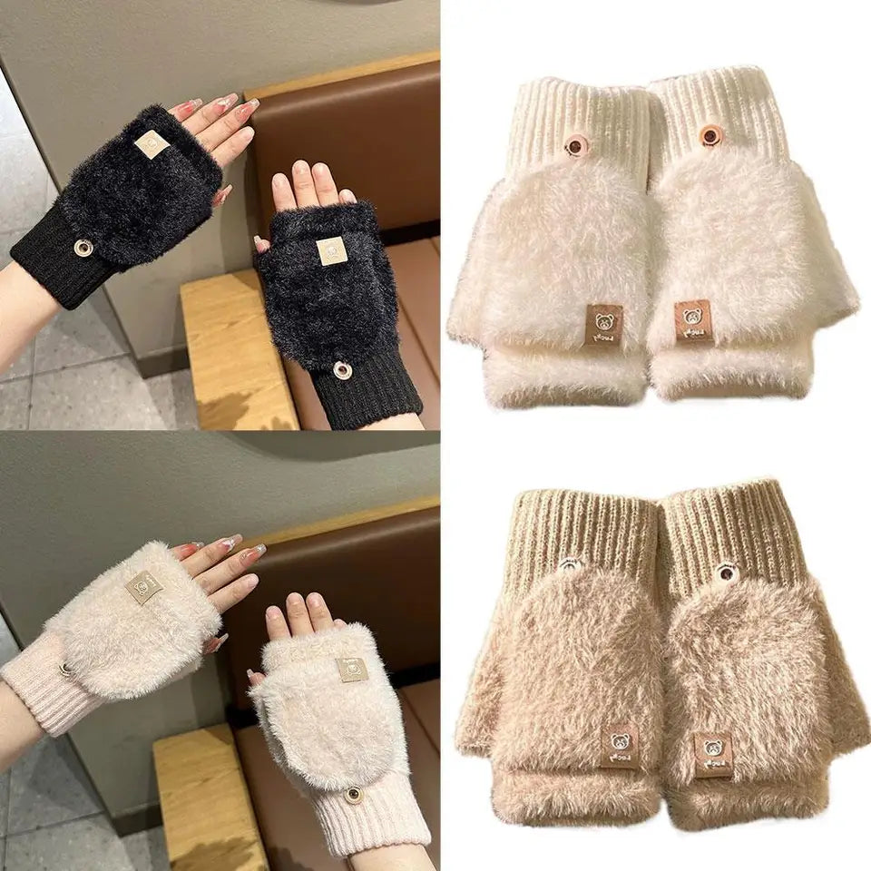 Women Winter Warm Fingerless Gloves Thick Plush Fluffy Flip Top Gloves Unisex Touch Screen Coldproof Windproof Knitted Mittens