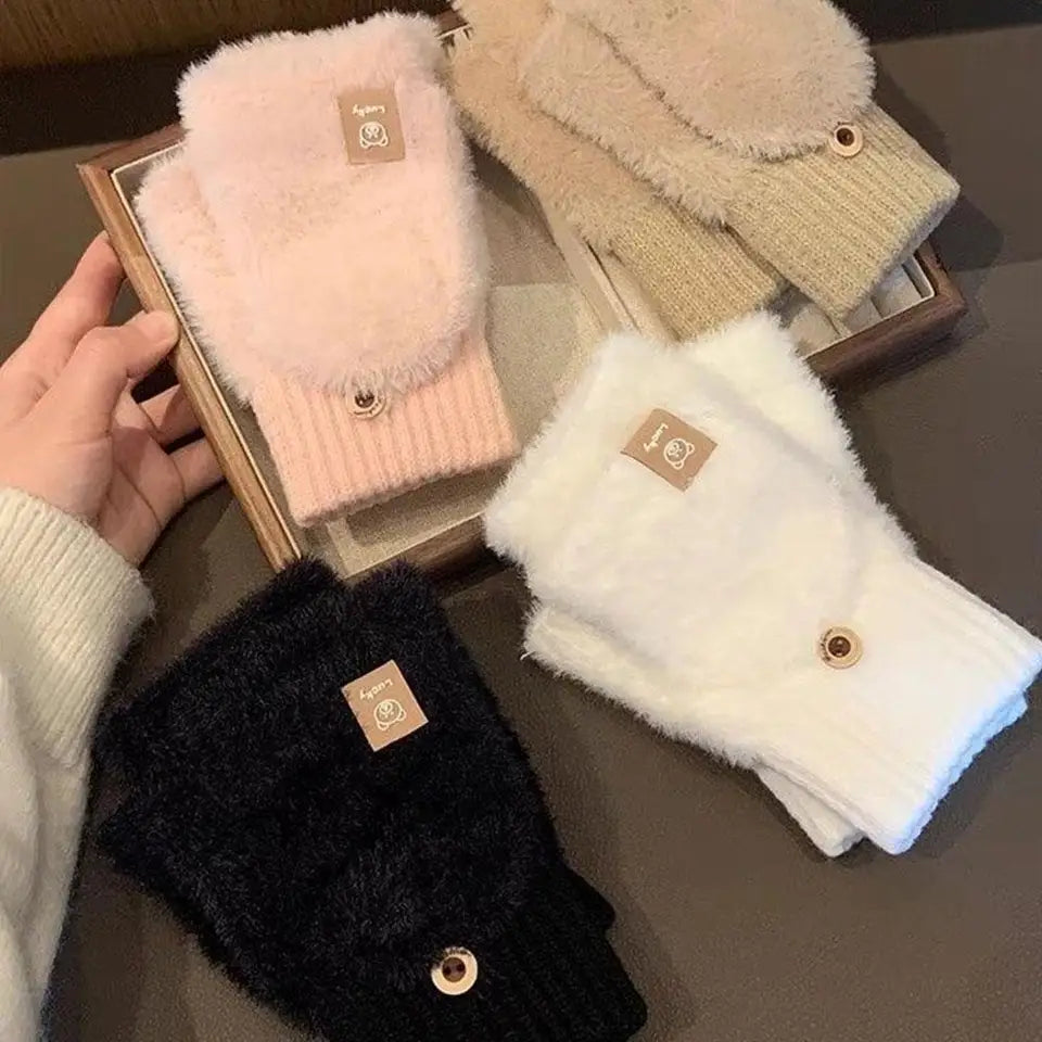 Women Winter Warm Fingerless Gloves Thick Plush Fluffy Flip Top Gloves Unisex Touch Screen Coldproof Windproof Knitted Mittens