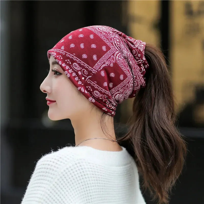 4pcs Hip Hop Paisley Print Slouchy Beanie Trendy Elastic Skull Cap Boho Neck Gaiter Soft Beanies Chemo Cap for Women