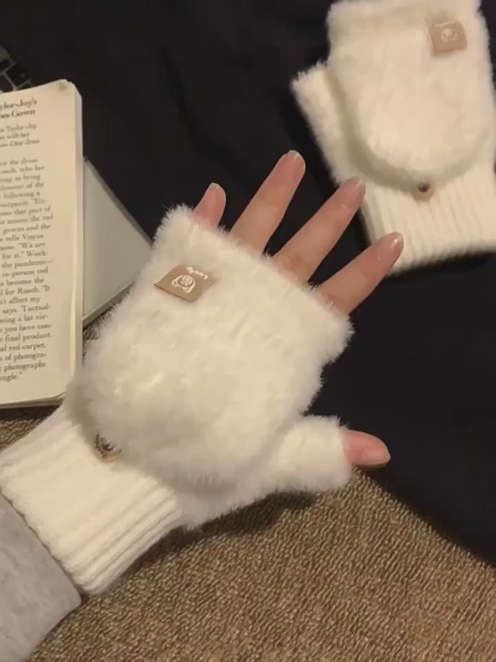 Women Winter Warm Fingerless Gloves Thick Plush Fluffy Flip Top Gloves Unisex Touch Screen Coldproof Windproof Knitted Mittens