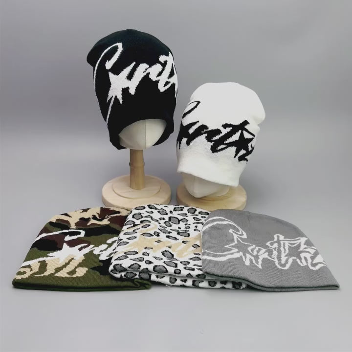 American Street Leopard Print Jacquard Letters Star Knitted Hats Warm Camo Men Women Fashion Personal Versatile Beanies Hip-hop